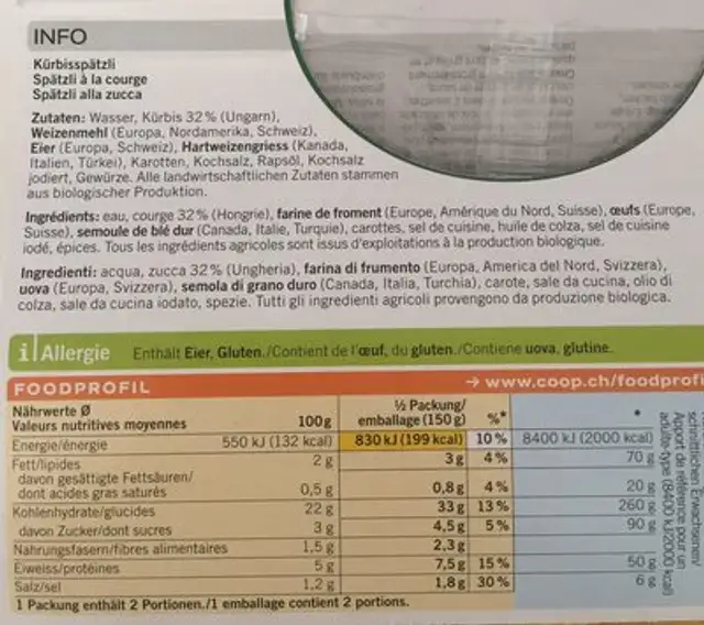 Kürbisspätzli ingredients label