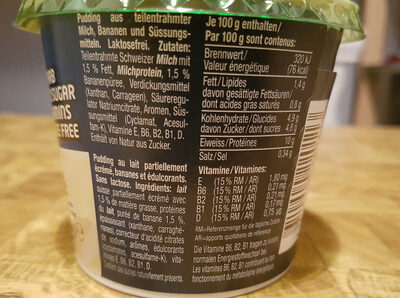 Energy milk Banana nutrition facts table