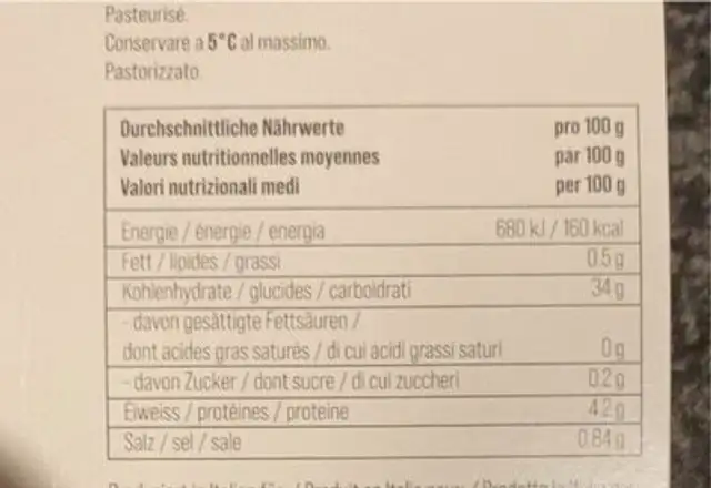 Gnocchi nutrition facts table