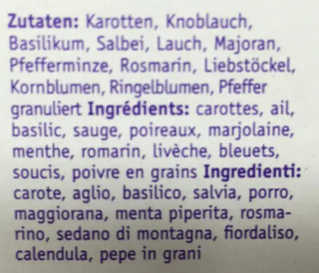 Sachet d'épices ingredients label
