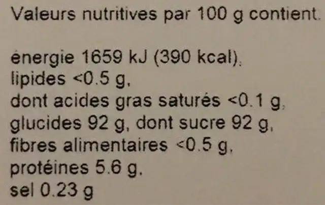 Meringues de Bottens nutrition facts table