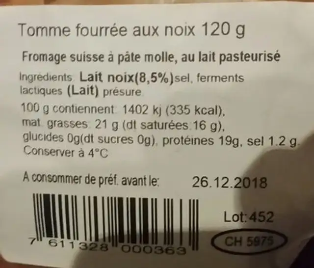 Tomme artisanale de la venoge with nuts nutrition facts table