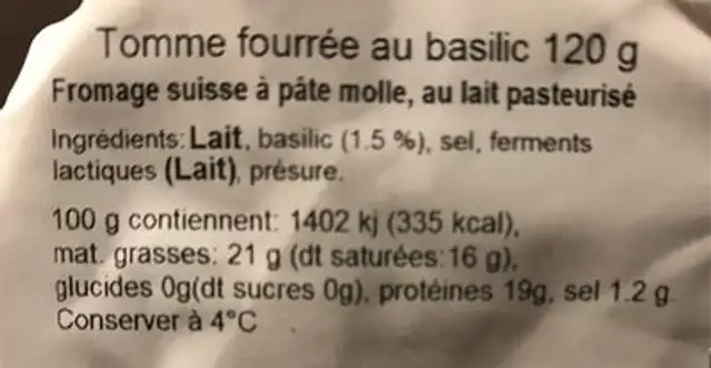 Bory Pasteurized Basil Tomme Cheese nutrition facts table