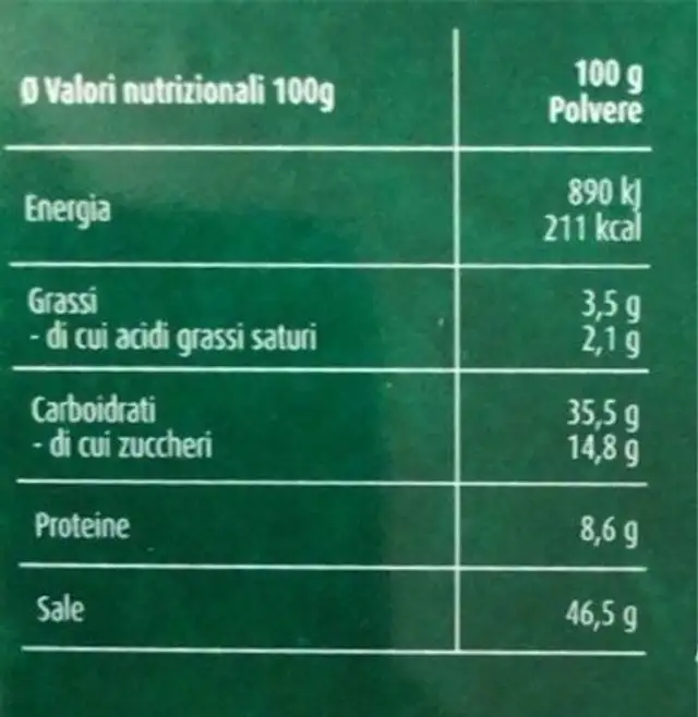 Brodo vegetale nutrition facts table