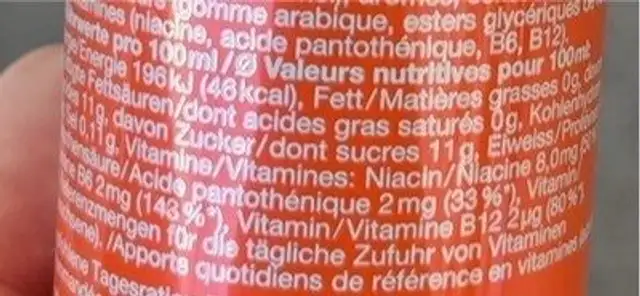 Energy drink blood orange nutrition facts table