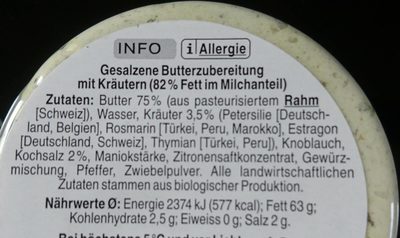 Butter with herbs ingredients label