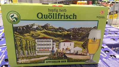 Quöllfrisch hopfig herb Appenzeller Bier front packaging