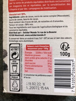 Chocolat noir sucre complet Mascobado ingredients label