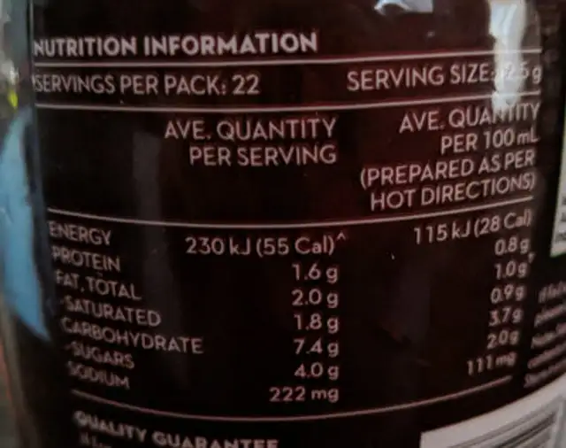 Salted Caramel Hot Chocolate nutrition facts table
