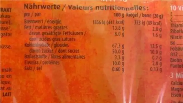 Chocovo nutrition facts table