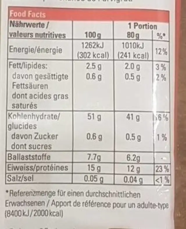 UrDinkel Spaghetti nutrition facts table