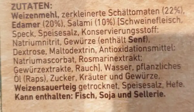 Pizza MiniesPizzies Salami ingredients label