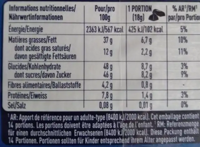 Cailler Fémina nutrition facts table