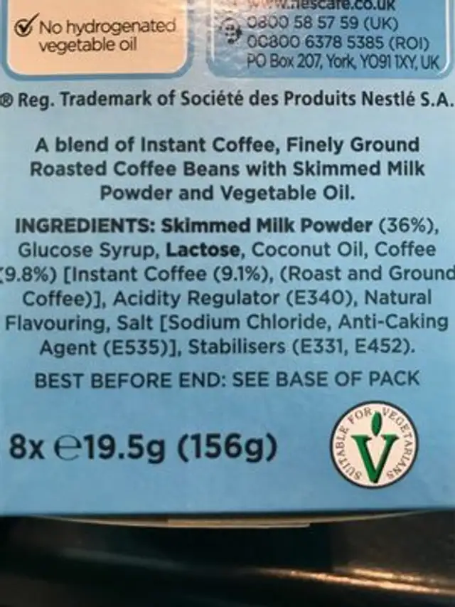 Latte ingredients label