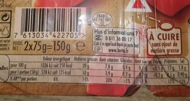 Lardons fumés (-25 % de sel) nutrition facts table