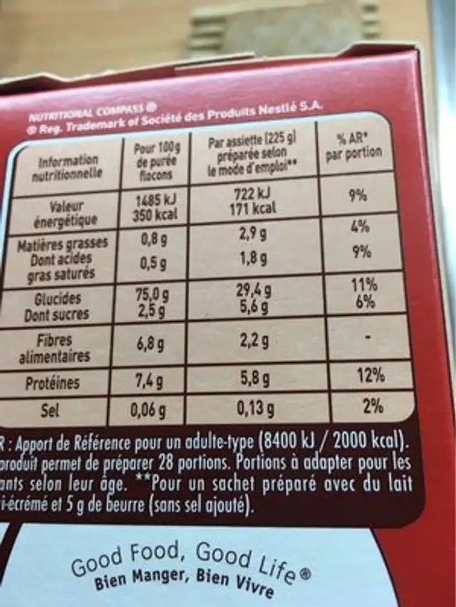 MOUSLINE Purée Nature Format Economique, 7 sachets pour 4 personnes (7x130g) nutrition facts table