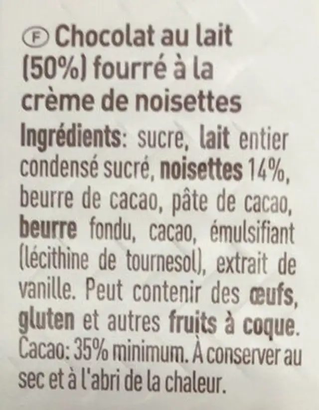 PERLE LAIT ingredients label