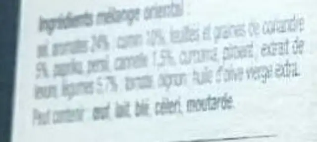 Mélange parfait Oriental ingredients label