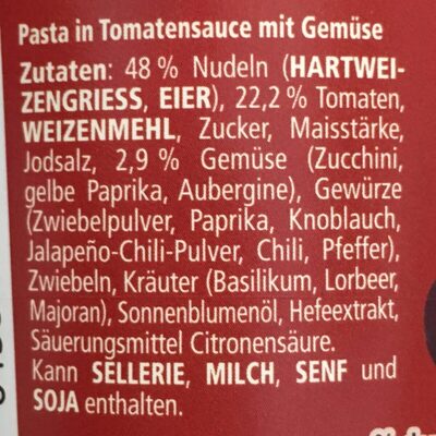 Pasta mit mediterranem Gemüse ingredients label