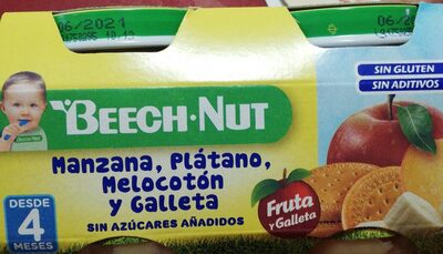 Manzana, plátano, melocotón y galleta front packaging