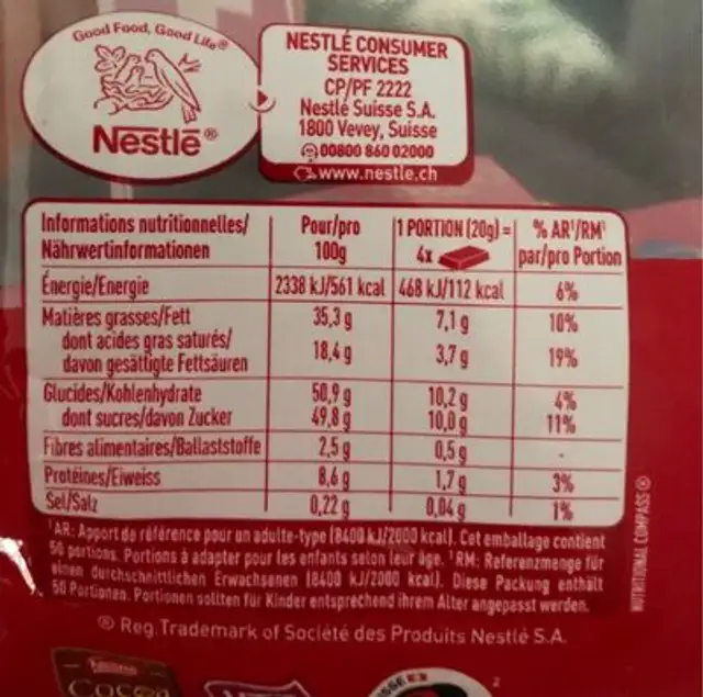 Cailler nutrition facts table