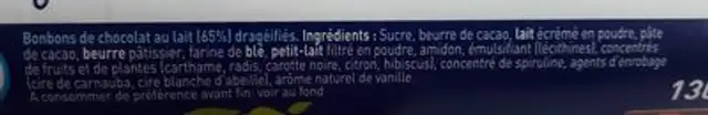 Bonbons de chocolat au lait ingredients label