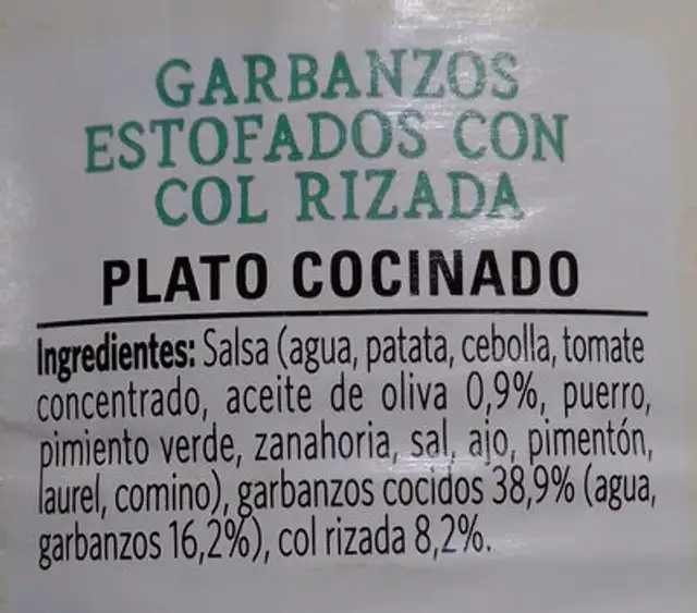 Garbanzos y kale ingredients label
