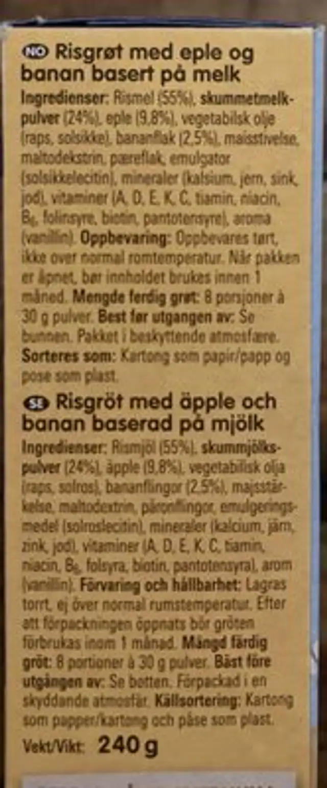 Min Glutenfri Grøt med Eple & Banan Fra 4 mnd, 240 g ingredients label