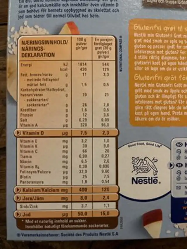 Min Glutenfri Grøt med Eple & Banan Fra 4 mnd, 240 g nutrition facts table