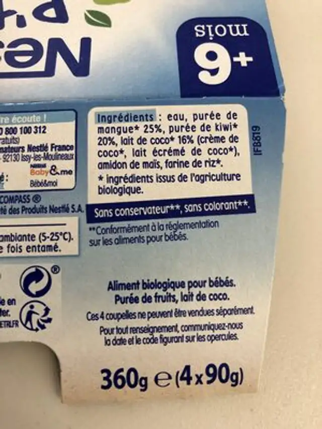 Purée de fruits bio mangue kiwi au lait de coco ingredients label
