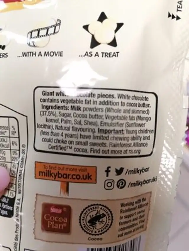 Milkybar white chocolate buttons ingredients label