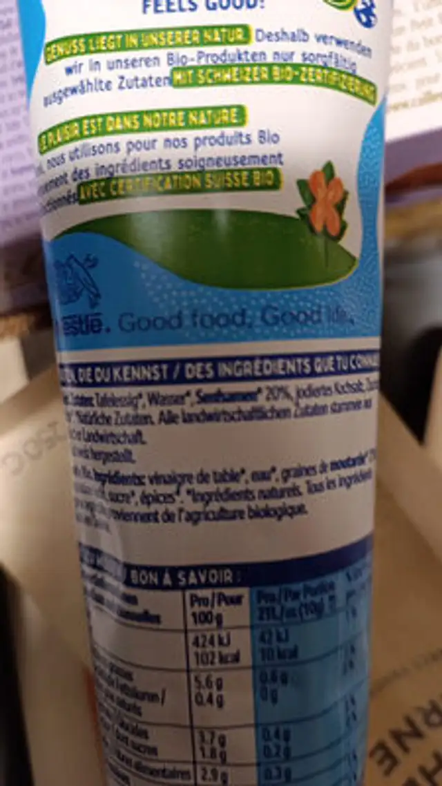 Senf mild Bio ingredients label