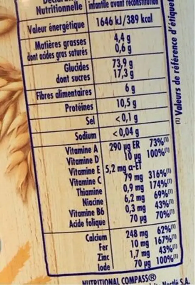 Nestlé P’tite Céréale nutrition facts table
