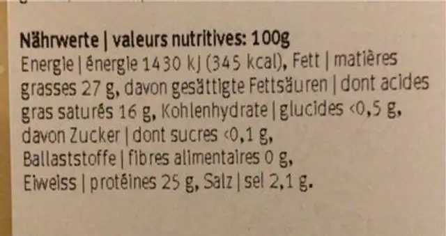 Raclette Cave D’Or nutrition facts table
