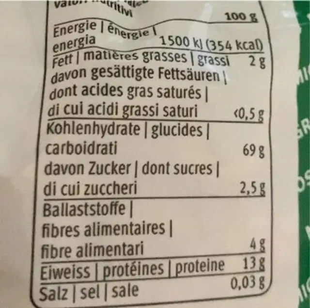 Hörnli nutrition facts table