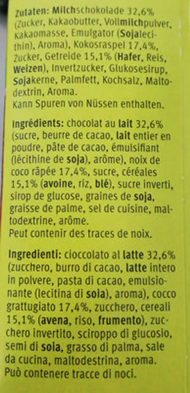 Soft Choc Kokos ingredients label