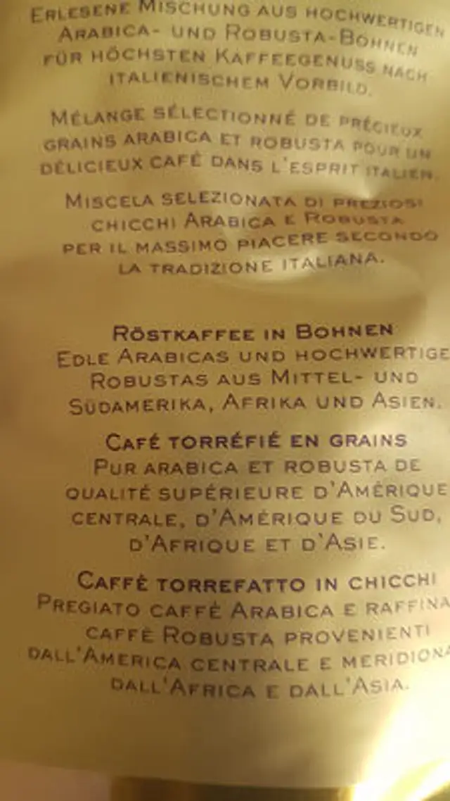 Coffee beans Gusto Italiano ORO ingredients label