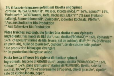 Fiori ricotta e spinaci ingredients label