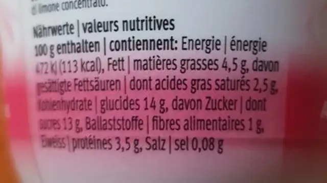 Délice Original avec framboises Entières nutrition facts table