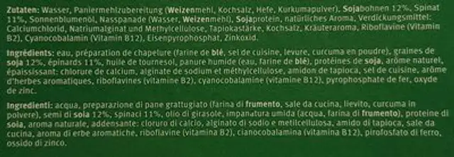 Escalope with spinach ingredients label
