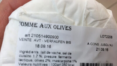 Tomme aux olives ingredients label