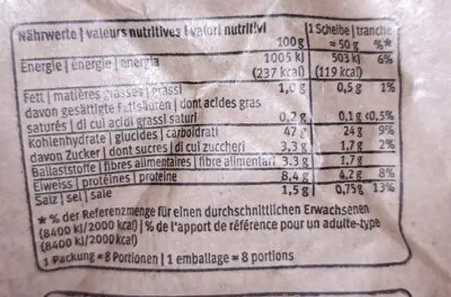 Steinofen Knusperbrot nutrition facts table
