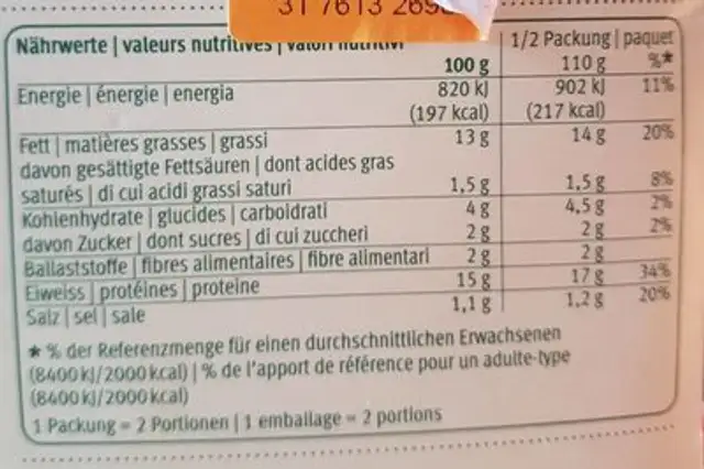Tofulinos avec légumes nutrition facts table