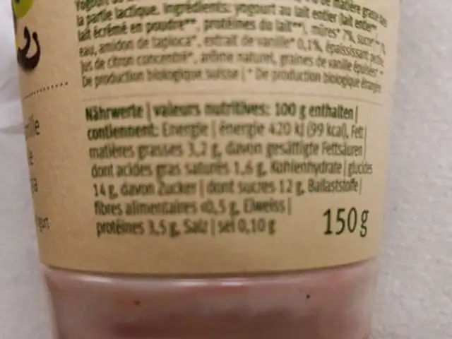 Bombeere Vanillle nutrition facts table