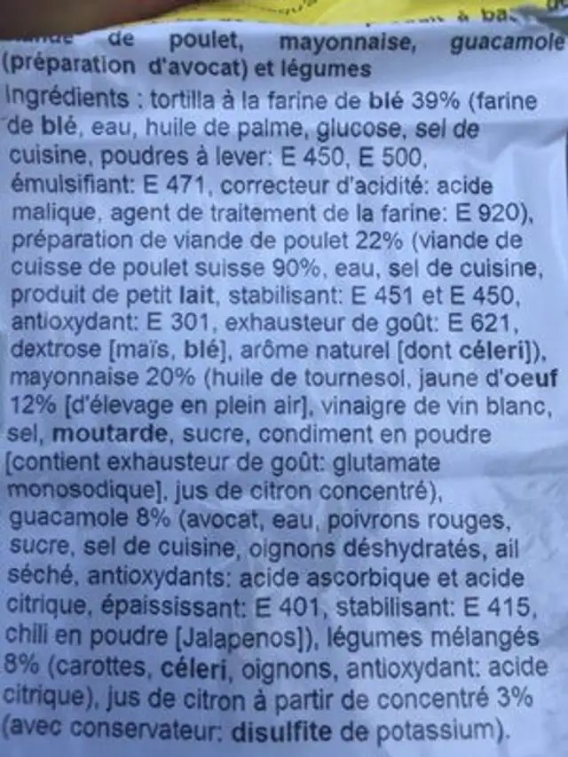 Wrap poulet avocat ingredients label