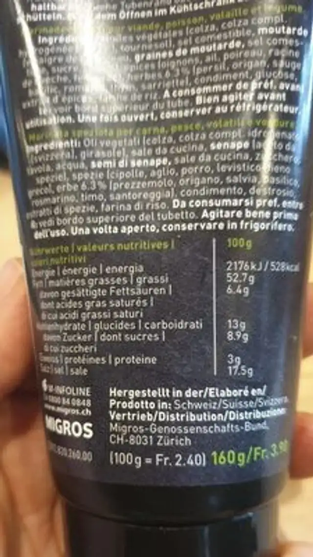 Marinade aux herbes nutrition facts table