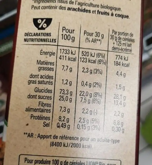 NESTLE LION BIO Céréales 675g nutrition facts table