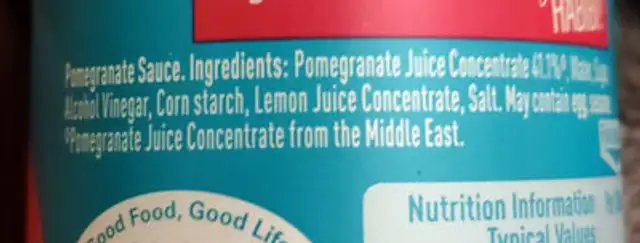 Pomegranate Sauce ingredients label