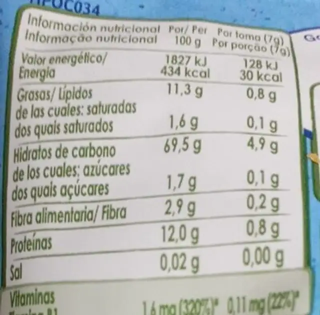 NutriPuffs nutrition facts table