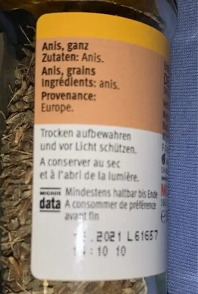 Anis ingredients label